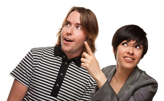 Diverse Caucasian Male and Multiethnic Female Pointing and Looking Up and Over Isolated on a White Background.