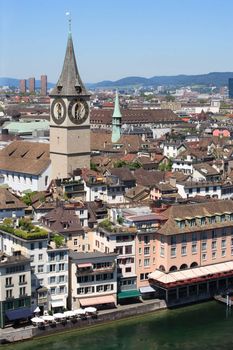 Cityscape of Zurich, Switzerland.  Taken from a church tower overlooking the Limmat River.