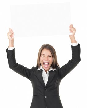 Businesswoman holding sign over her head excited - isolated on white background. 