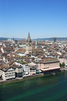 Cityscape of Zurich, Switzerland.  Taken from a church tower overlooking the Limmat River.