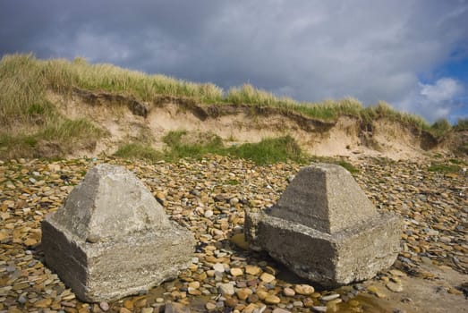 military decay on the beach of Dunnet Bay, Scotland