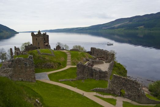 Urquhart Castle surrounded by the famous Loch Ness