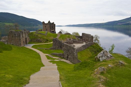 Urquhart Castle surrounded by the famous Loch Ness