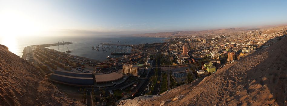 Panoramic view of Arica and Pacific ocean from Morro de Arica hill. Chile, South America.