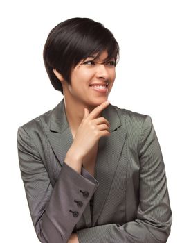 Pretty Smiling Multiethnic Young Adult Woman Looking to the Side Isolated on a White Background.