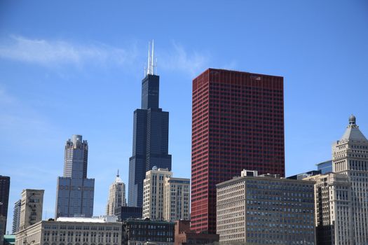 Chicago buildings rise into a blue sky