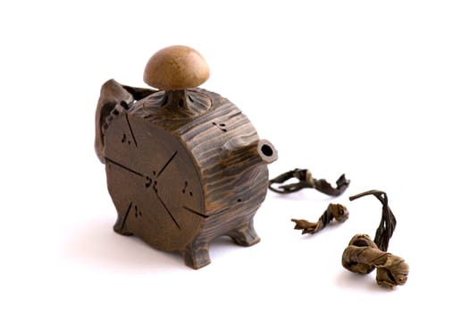 A close up view of Chinese ceramic teapot over white