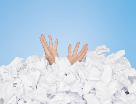 Human buried in white papers on blue background