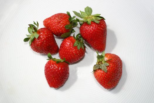 Six isolated strawberries on white background