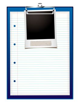 Blue clip board with instant photo and white paper with lines
