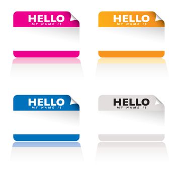 Brightly coloured name tag card with corner curl and shadow reflection