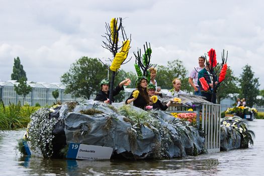 WESTLAND,THE NETHERLANDS - AUGUST 2009: Fabulous decorated boats in the spectacular annual Westland Floating Flower Parade August 02, 2010, Maasland, the Netherlands. 
