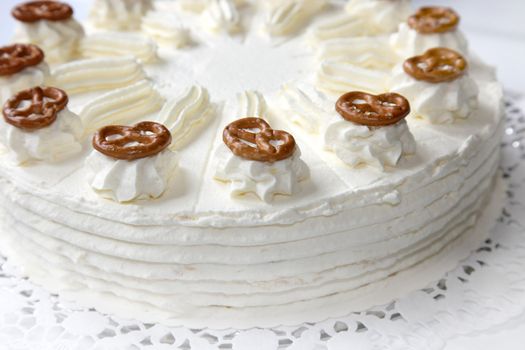 Cream cake with pretzels -closeup