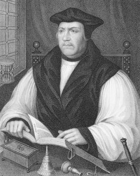 Matthew Parker (1504-1575) on engraving from the 1800s. Archbishop of Canterbury during 1559-1575. Engraved by W.Holl and published by the London Printing and Publishing Company.