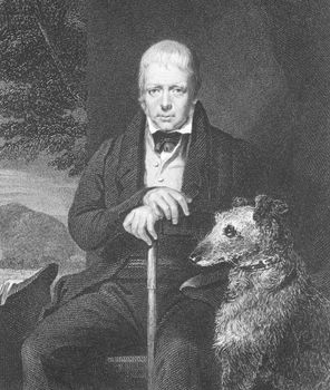 Old man and his dog on engraving from the 1800s. Engraved by W.Holl after a painting by J.W.Gordon and published by Fisher, Son & Co, London & Paris.