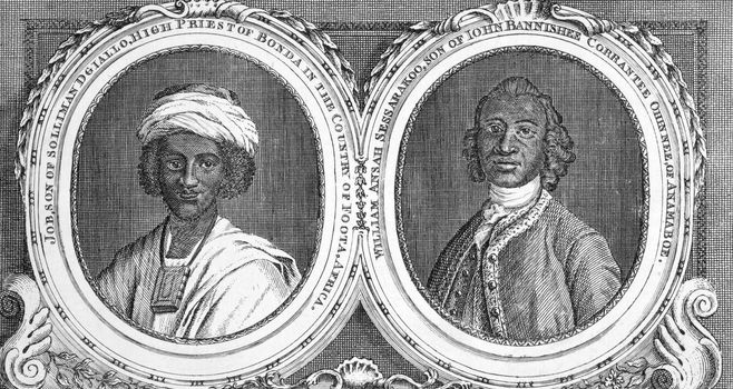 Job, Son of Solliman D Giallo, High Priest of Bonda in the Country of Foota, Africa and William Ansah Sessarakoo, Son of John Bannishee Corrantee, of Anamaboe. Engraving from 1750 published in Gent Magazine.