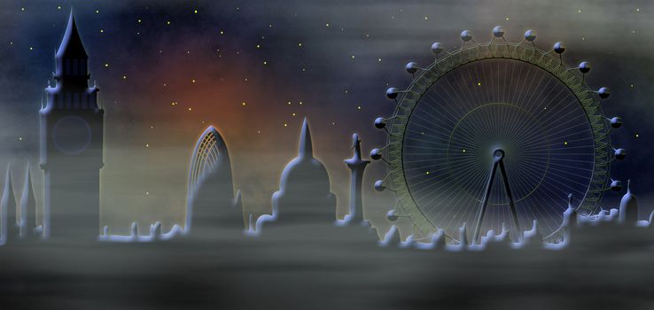 Image of the panorama of misty London - monumets of London - Big Ben, London Eye