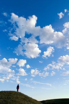 A prairie landscape with large sky and a person walking in the grass.