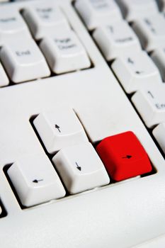 Arrow keys on a desktop computer keyboard with the right arrow red