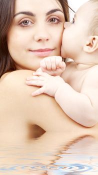 closeup portrait of happy mother with baby in water