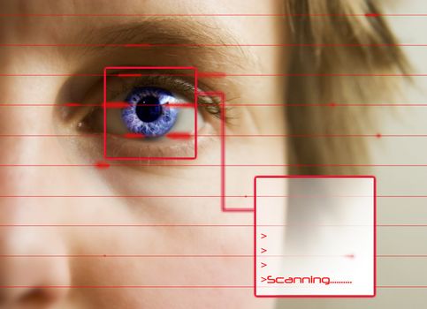 Red lines scanning the face and retina of a woman with the word 'Scanning...' in a text box