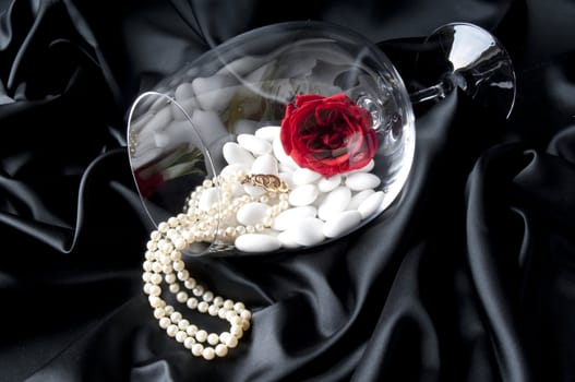 
Jewelry and other precious stones on black background fabric