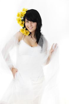 young woman with tulle and yellow fake flowers