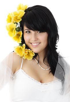 young woman with tulle and yellow fake flowers