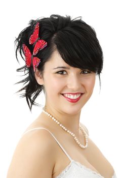 young woman with red fake butterflies in her hair, white background