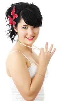 beautiful young woman with red fake butterflies on hair