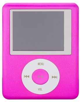 Pink portable music player isolated on white background