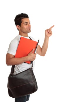 A smiling student with satchel and notebook, looking and pointing to your message.  White background.