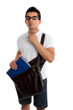 Ethnic male student holding a book and satchel, looking sideways.  White background