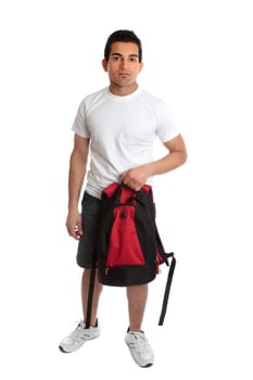 Young adult student or casual man carrying a backpack.  White background.