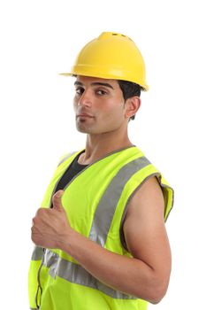 a builder, tradesman, repairman or other labourer giving the thumbs up hand sign.  White background.