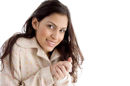 portrait of cold female against white background