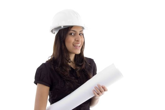 female architect with helmet and blueprint with white background