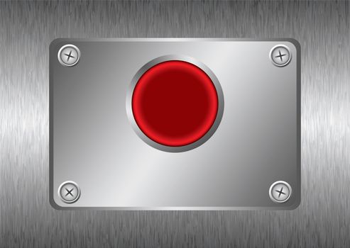 Abstract brushed metal background with red button and silver screws