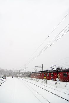 A train at Ljan train station, in Oslo, Norway.