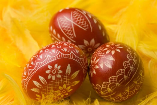 Three handmade easter eggs - intentional shallow depth of field.