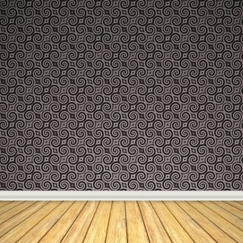 An empty room interior backdrop with hard wood flooring and a vintage styled wallpaper pattern.