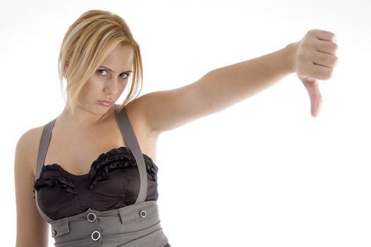 woman showing thumb down with white background