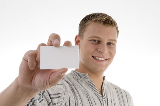 male displaying business card on an isolated white background