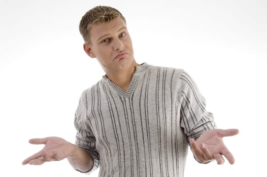 handsome man showing hand gesture on an isolated white background