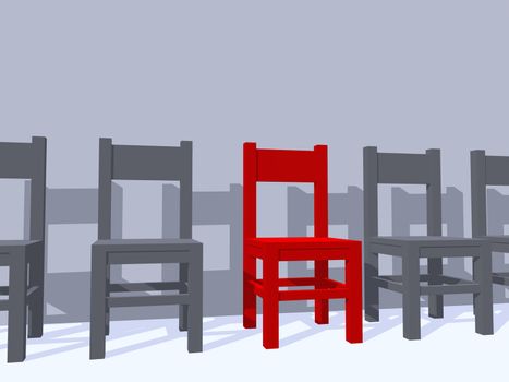 row of chairs, one in red - 3d illustration