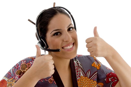 call center woman showing both thumbs up on an isolated background