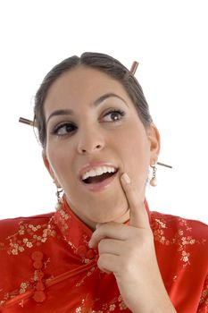 woman showing her lips against white background