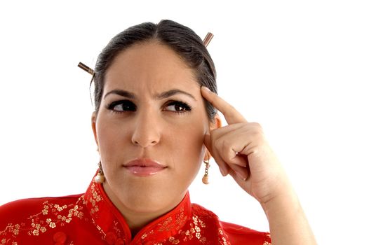 thinking pose of female on an isolated white background