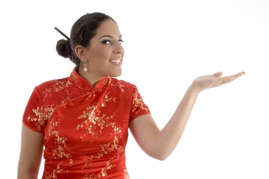 side pose of woman with folded hands with white background