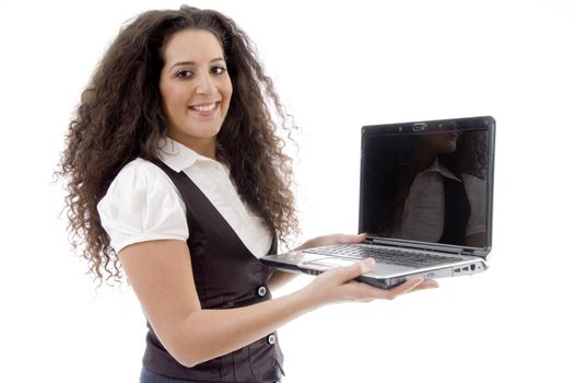 young professional busy with laptop with white background